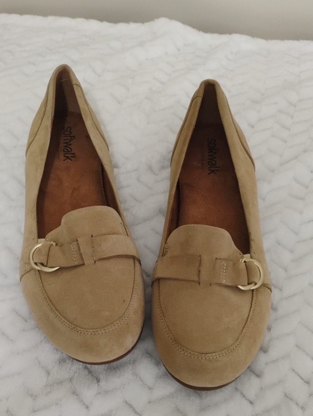 SoftWalk Women's Beige Suede Loafers with Gold Buckle Accent